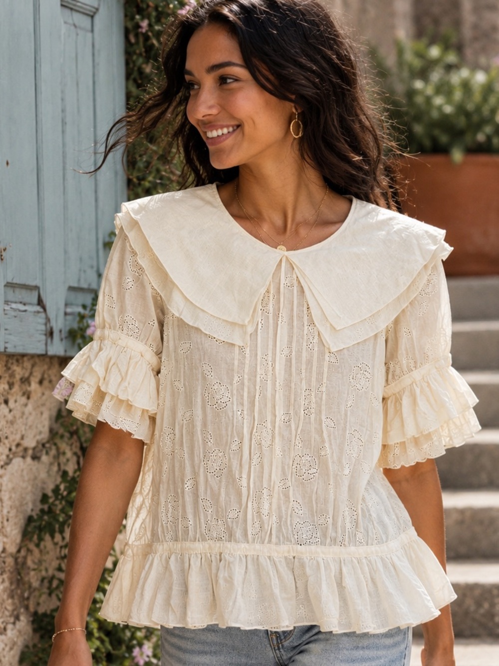 Vintage Poler Ashley Ivory Eyelet Blouse Cottagecore Boho Romantic Ruffle Top